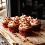 Vibrant red velvet cupcakes topped with creamy white frosting and red sprinkles, arranged on a rustic wooden platter. The cupcakes have a moist, cake-like texture with colorful layers visible inside, styled with elegant swirls and festive toppings, set against a softly blurred background with musical notes and stage lights hinting at a concert vibe.