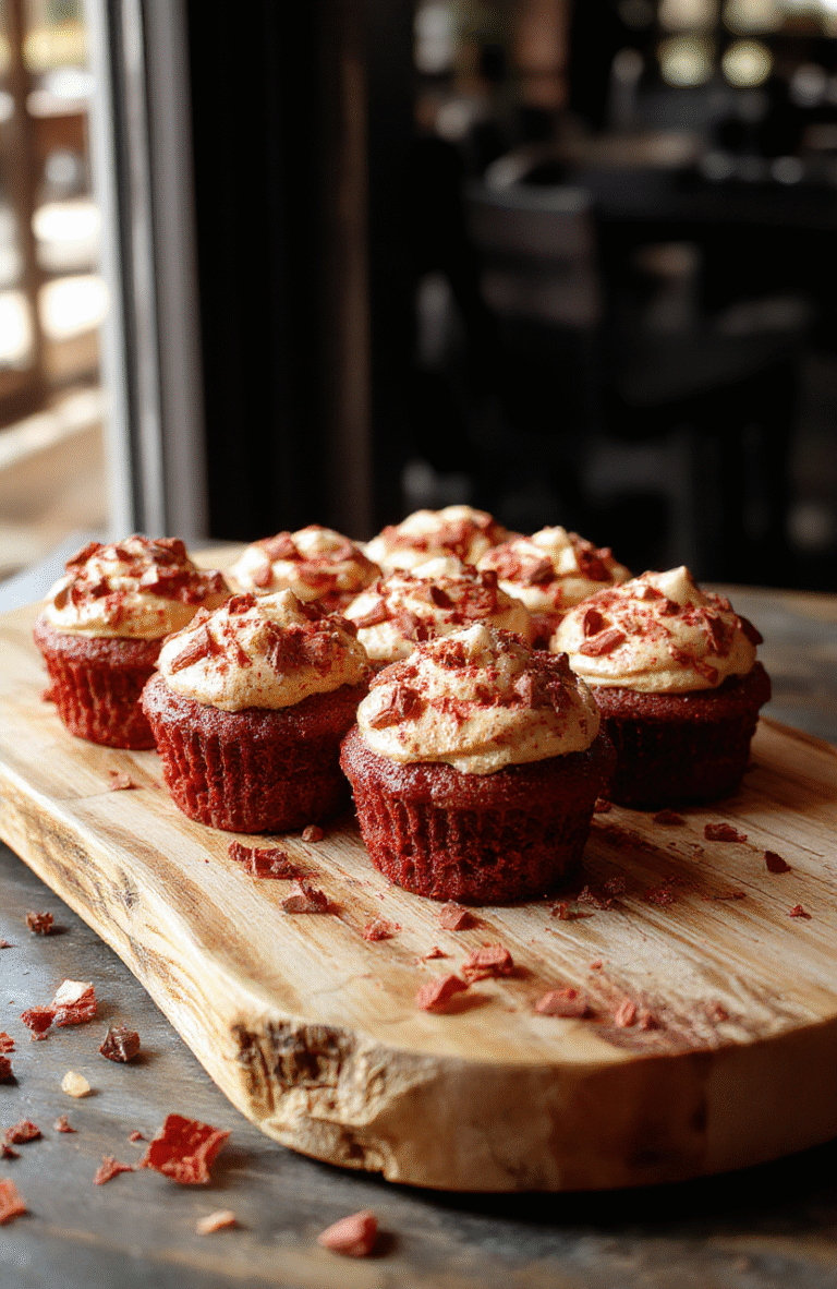 Vibrant red velvet cupcakes topped with creamy white frosting and red sprinkles, arranged on a rustic wooden platter. The cupcakes have a moist, cake-like texture with colorful layers visible inside, styled with elegant swirls and festive toppings, set against a softly blurred background with musical notes and stage lights hinting at a concert vibe.