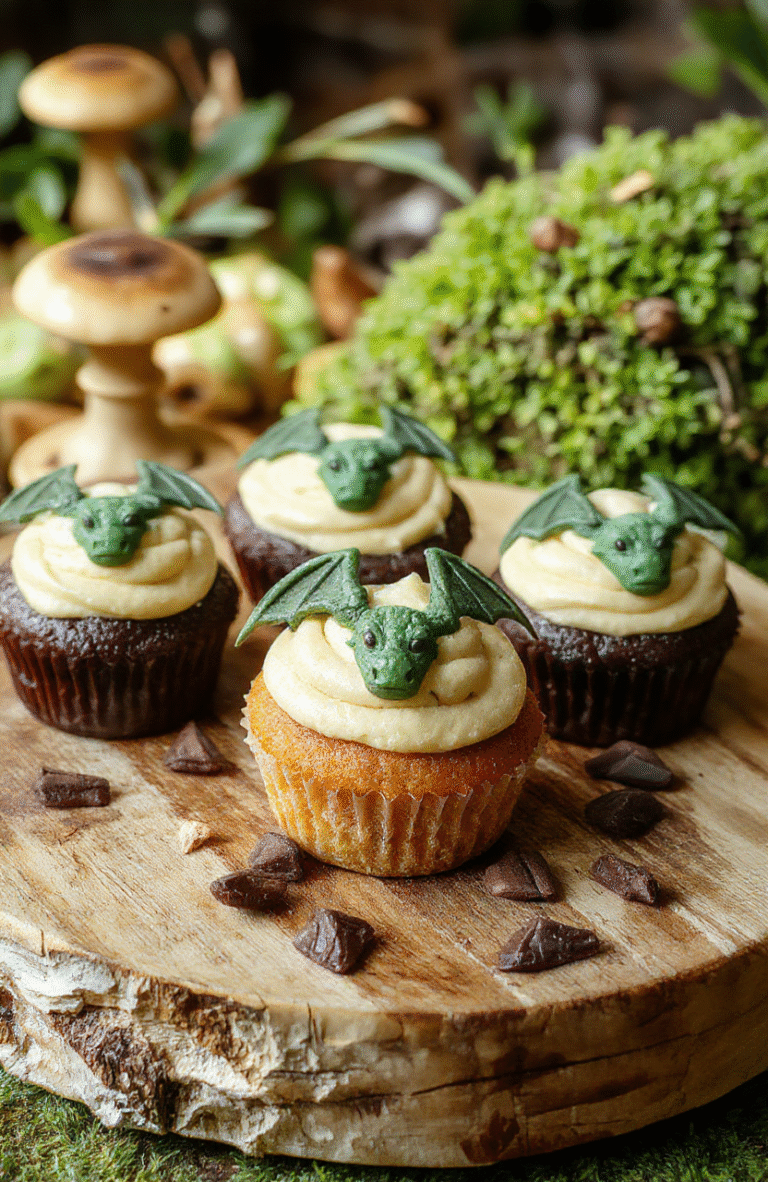 Colorful Hobbit Dragon Hoard Cupcakes arranged on a rustic wooden platter, topped with edible gold dust, miniature dragon and treasure chest decorations, vibrant icing with a touch of shimmer, styled with fantasy-themed props and a mossy backdrop