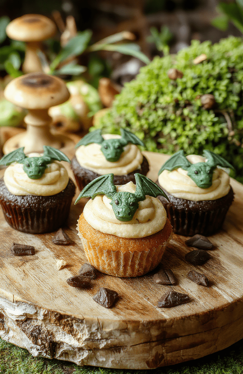 Colorful Hobbit Dragon Hoard Cupcakes arranged on a rustic wooden platter, topped with edible gold dust, miniature dragon and treasure chest decorations, vibrant icing with a touch of shimmer, styled with fantasy-themed props and a mossy backdrop