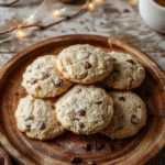 Golden grey tea biscuits arranged on a rustic wooden plate, with a steaming cup of tea in the background. The biscuits have a crumbly texture with a hint of lavender and sesame seeds, styled casually with a sprinkle of powdered sugar. Soft natural daylight highlights their delicate surface and subtle shades of grey and purple, creating a cozy, fantasy-inspired scene.