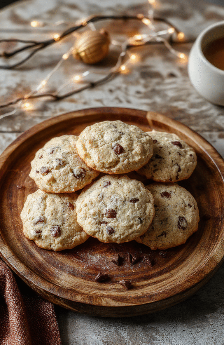 Golden grey tea biscuits arranged on a rustic wooden plate, with a steaming cup of tea in the background. The biscuits have a crumbly texture with a hint of lavender and sesame seeds, styled casually with a sprinkle of powdered sugar. Soft natural daylight highlights their delicate surface and subtle shades of grey and purple, creating a cozy, fantasy-inspired scene.