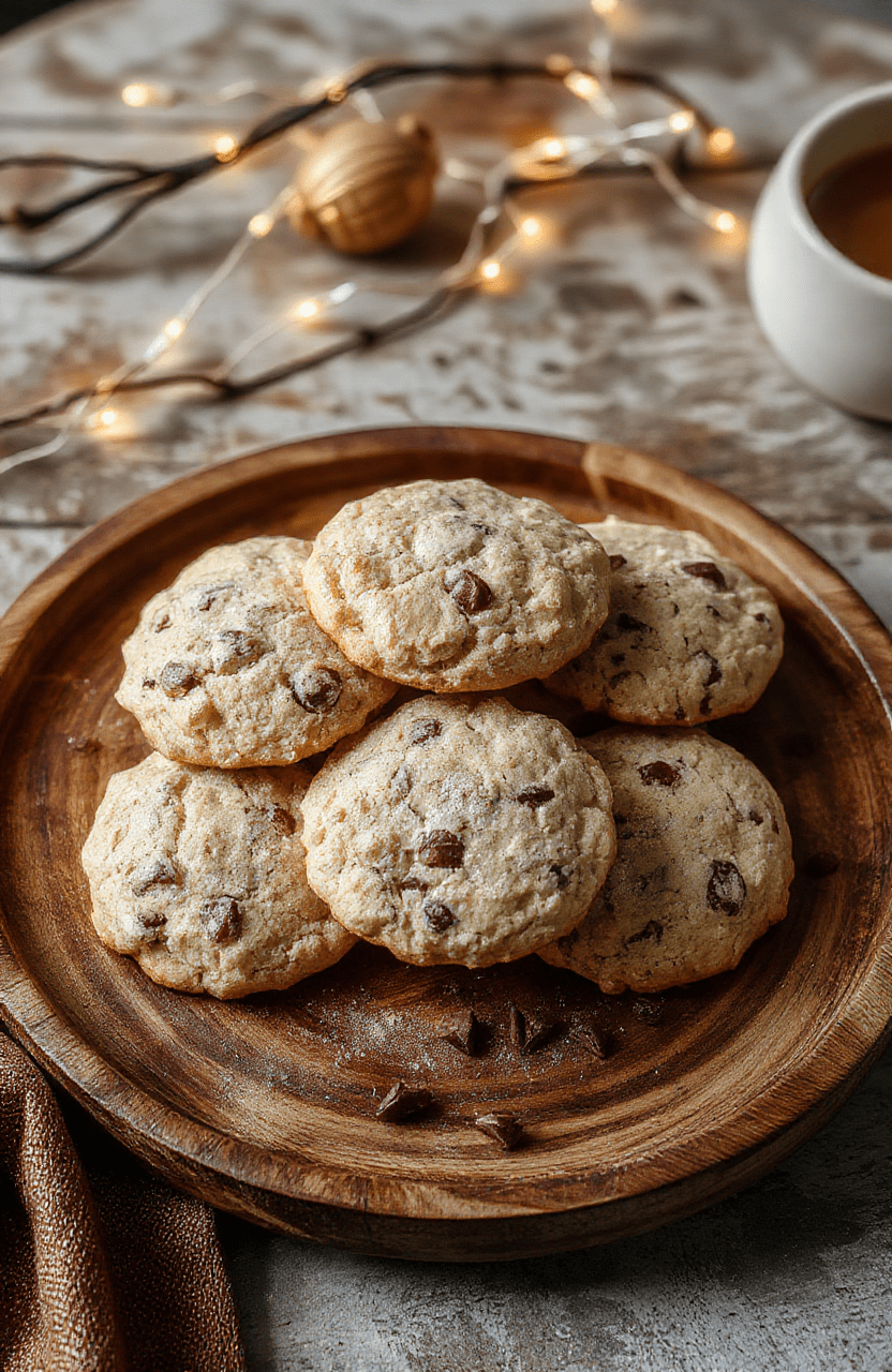 Golden grey tea biscuits arranged on a rustic wooden plate, with a steaming cup of tea in the background. The biscuits have a crumbly texture with a hint of lavender and sesame seeds, styled casually with a sprinkle of powdered sugar. Soft natural daylight highlights their delicate surface and subtle shades of grey and purple, creating a cozy, fantasy-inspired scene.