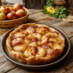A golden-brown Hobbiton Apple Tart with a flaky crust, topped with sliced fresh apples and a light dusting of cinnamon, elegantly styled on a rustic wooden table with a hobbit-themed backdrop.