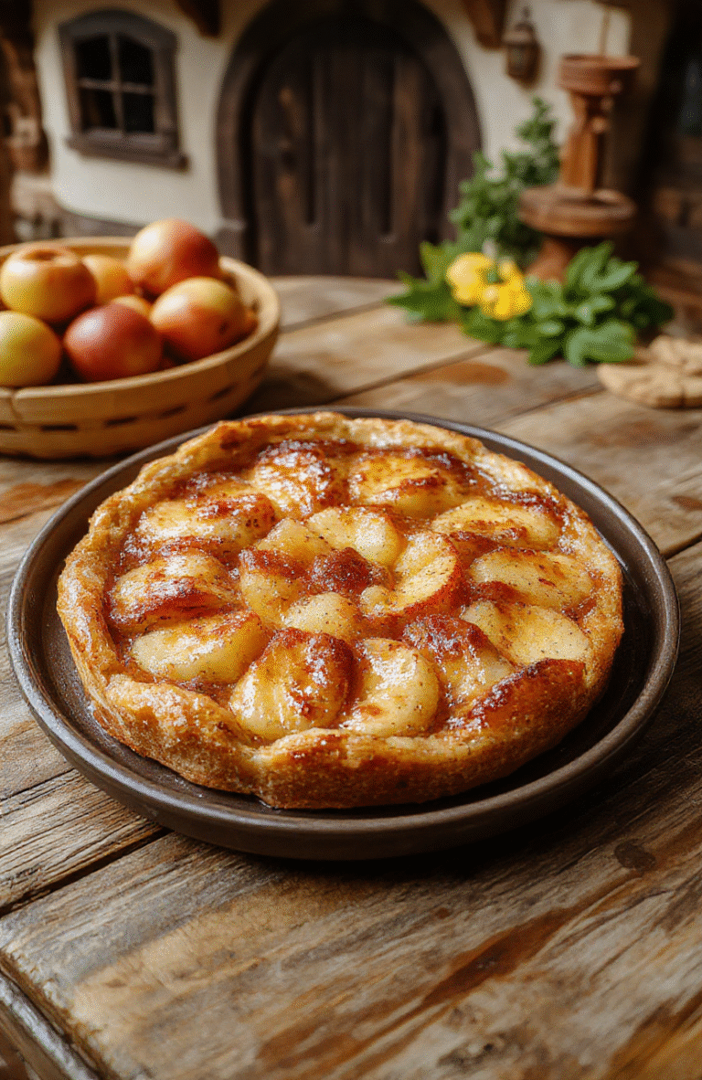 A golden-brown Hobbiton Apple Tart with a flaky crust, topped with sliced fresh apples and a light dusting of cinnamon, elegantly styled on a rustic wooden table with a hobbit-themed backdrop.