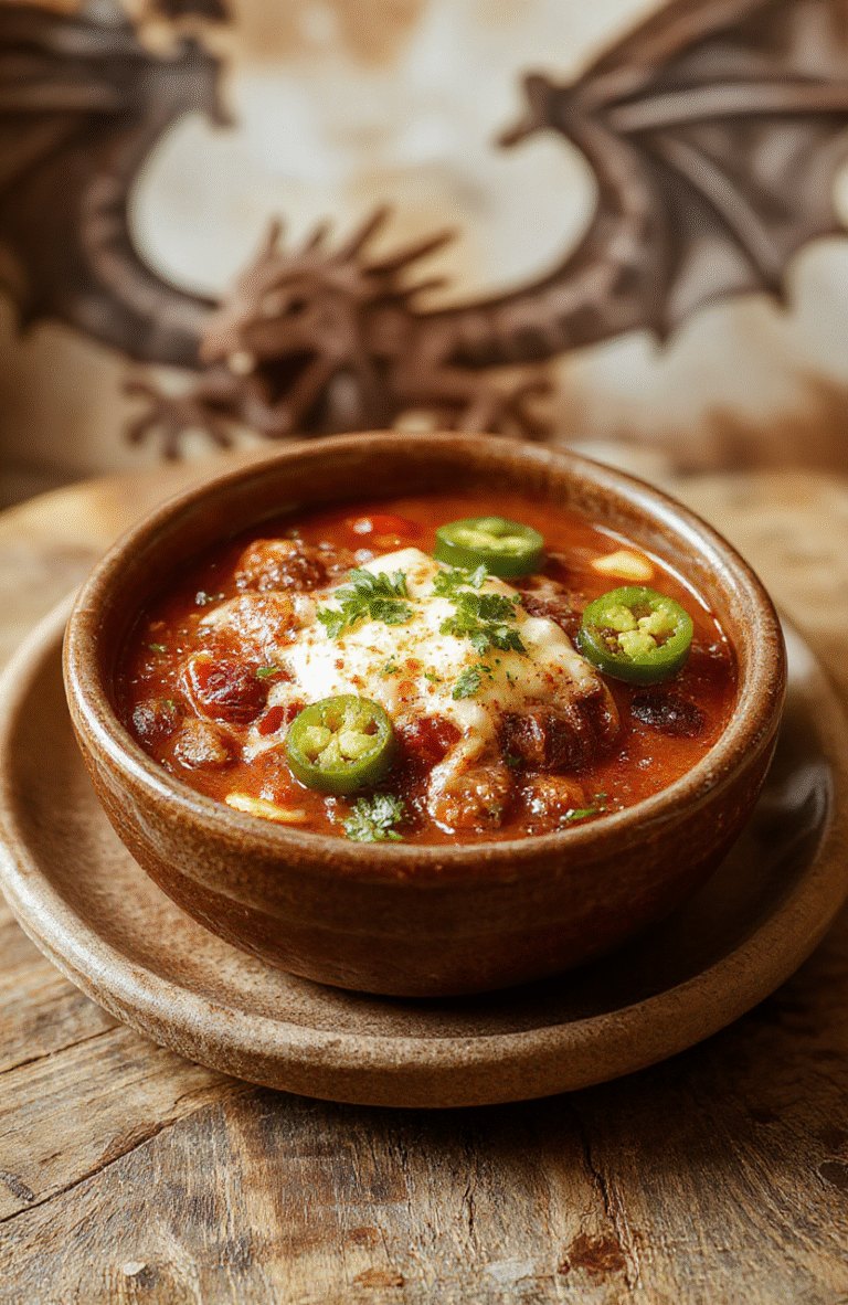 A vibrant bowl of fiery red chili topped with melted cheese, fresh cilantro, and sliced jalapenos, served in rustic ceramic dish on wooden surface with steam rising, garnished with crusty bread on the side, styled for a cinematic fantasy feast with a dragon-scaled background.