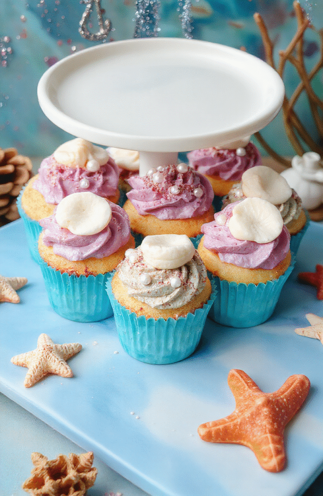 Colorful Ariel's seashell cupcakes arranged on a nautical-themed tray. The cupcakes feature shimmering pastel pink, purple, and blue frosting with edible pearl accents resembling seashells, set against a vibrant ocean-inspired backdrop with hints of glitter and coral decorations.