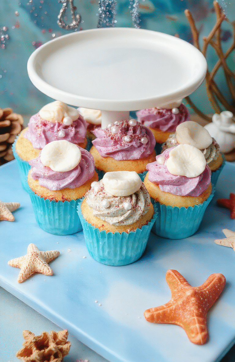Colorful Ariel's seashell cupcakes arranged on a nautical-themed tray. The cupcakes feature shimmering pastel pink, purple, and blue frosting with edible pearl accents resembling seashells, set against a vibrant ocean-inspired backdrop with hints of glitter and coral decorations.