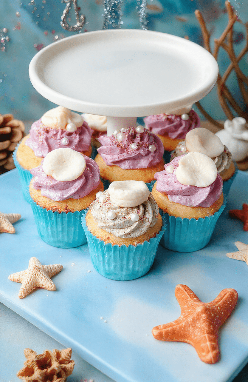 Colorful Ariel's seashell cupcakes arranged on a nautical-themed tray. The cupcakes feature shimmering pastel pink, purple, and blue frosting with edible pearl accents resembling seashells, set against a vibrant ocean-inspired backdrop with hints of glitter and coral decorations.