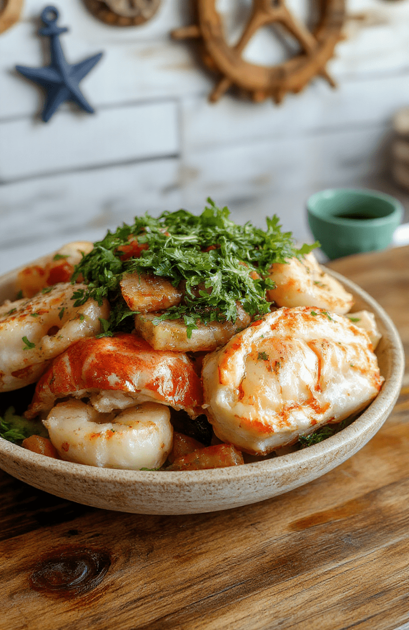 A vibrant seafood platter featuring oysters, crab legs, shrimp, mussels, and lemon wedges, arranged elegantly on a white ceramic plate with garnishes, with a nautical-themed background and soft natural lighting emphasizing freshness and textures.