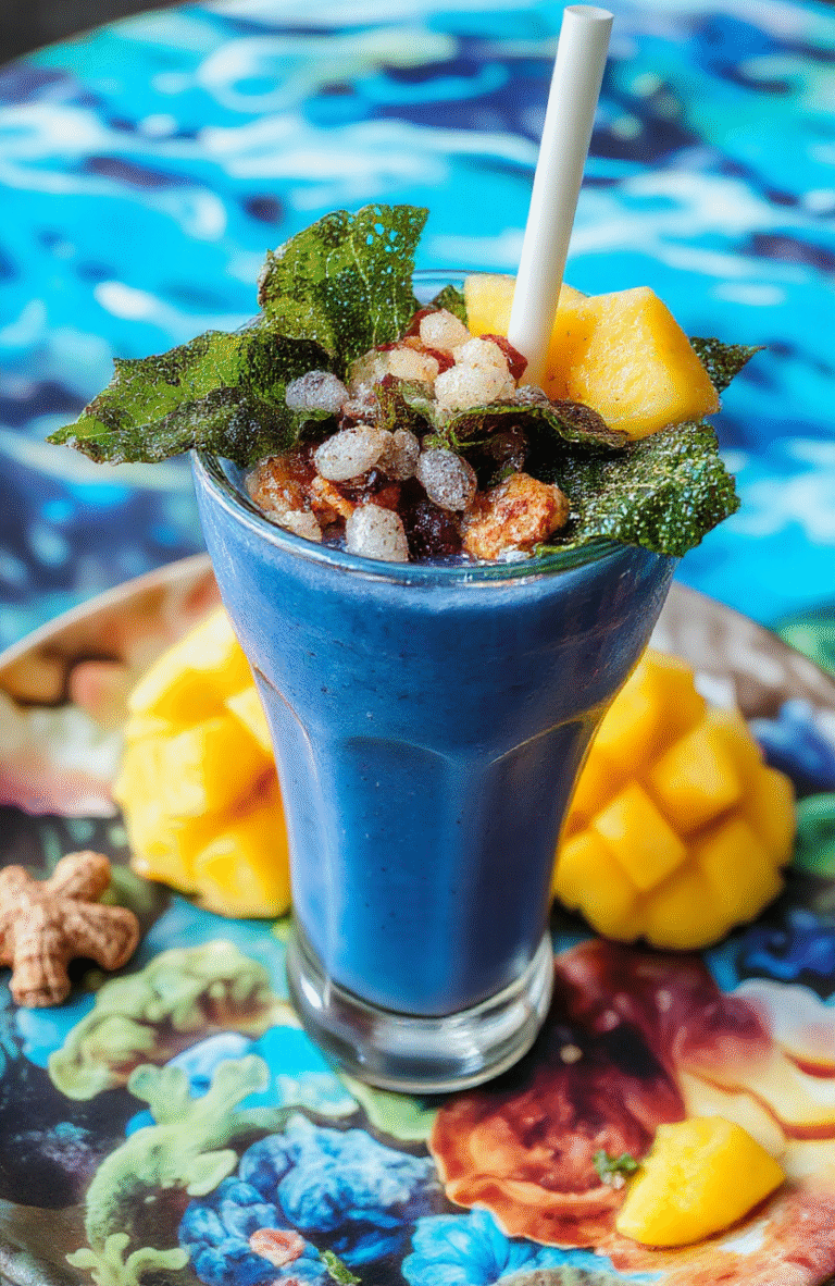 A vibrant blue smoothie in a clear glass adorned with colorful edible seaweed and decorative sugar pearls, surrounded by fresh tropical fruits like pineapple and mango, styled with an ocean backdrop and shimmering accents to evoke undersea magic.