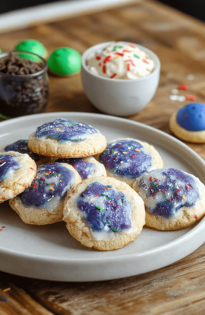 Colorful star-shaped cookies with a glossy sugar glaze, decorated with edible glitter and sprinkles resembling stars from Super Mario Galaxy, arranged on a vibrant blue plate with a cosmic-themed backdrop.