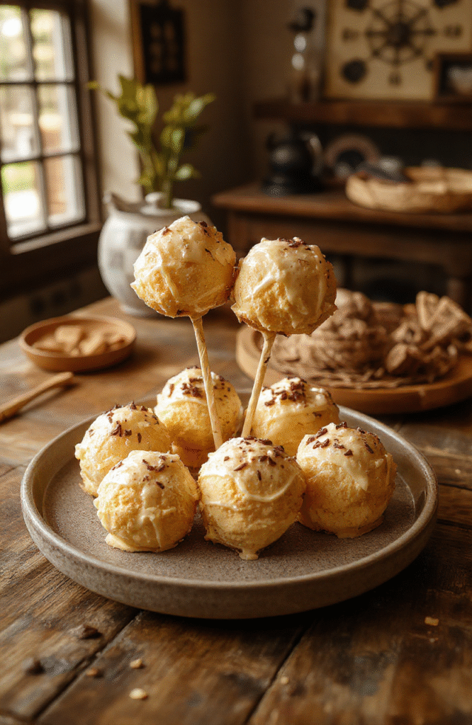 Colorful Butterbeer Cheesecake Pops arranged on a rustic wooden table, showcasing creamy beige cheesecake with golden caramel drizzles, sprinkled with cinnamon and tiny edible glitter, garnished with mini LEGO-sized broomsticks and Harry Potter-themed decorations in the background.