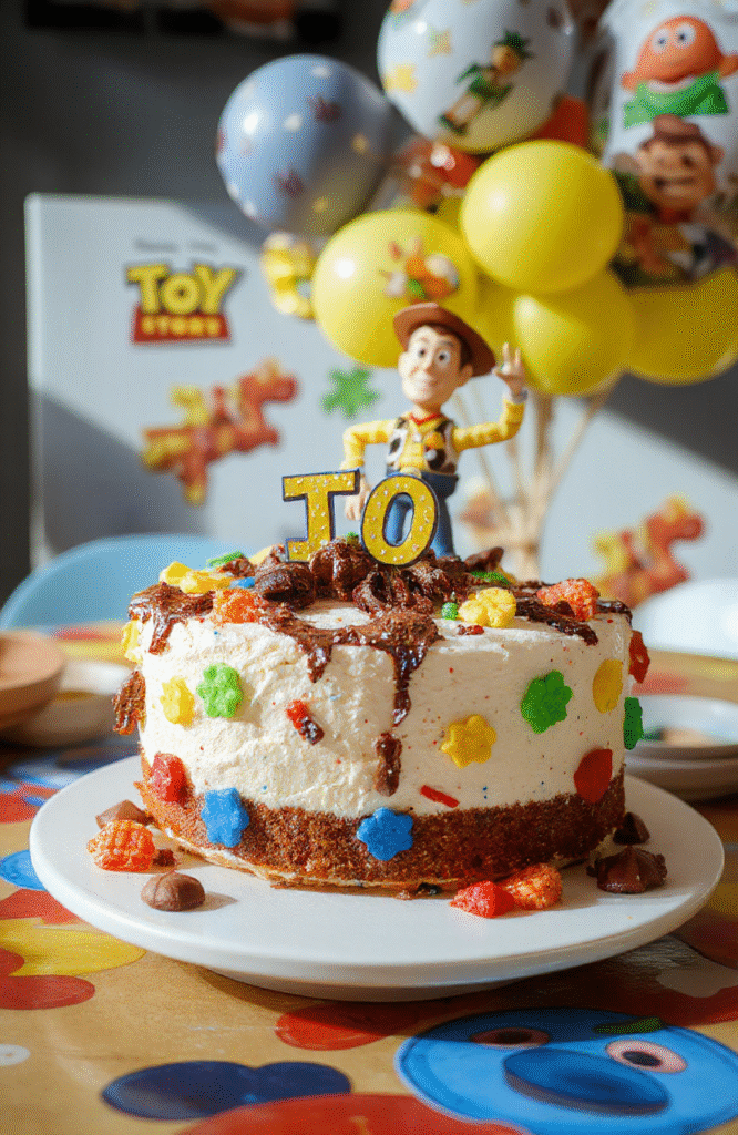 Colorful Toy Story themed birthday cake with vibrant yellow, red, and blue icing, decorated with fondant stars, Buzz Lightyear and Woody figures, and a birthday candle on top. The cake has a smooth, glossy finish with playful, cartoon-like decorations, set on a bright table with confetti and party hats in the background.