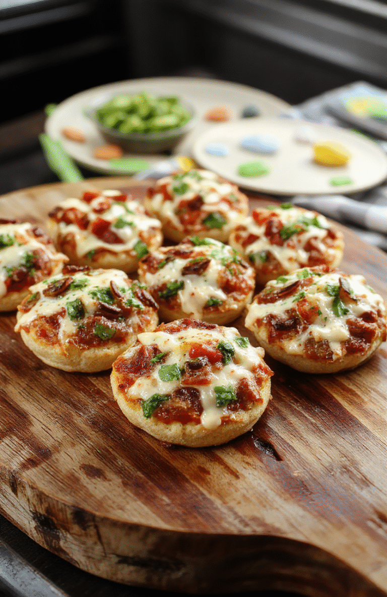 Colorful mini pizzas inspired by Toy Story's Pizza Planet with bright red and green toppings, playful toy-shaped crusts, and a whimsical presentation on a rustic wooden plate, vibrant and inviting.