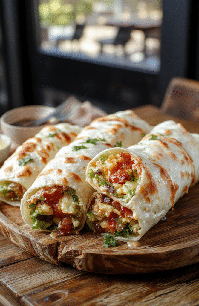 Colorful BLT wraps on a rustic wooden plate, showcase crispy bacon, fresh green lettuce, ripe red tomatoes, and soft tortillas, styled naturally with vibrant lighting and a textured background.