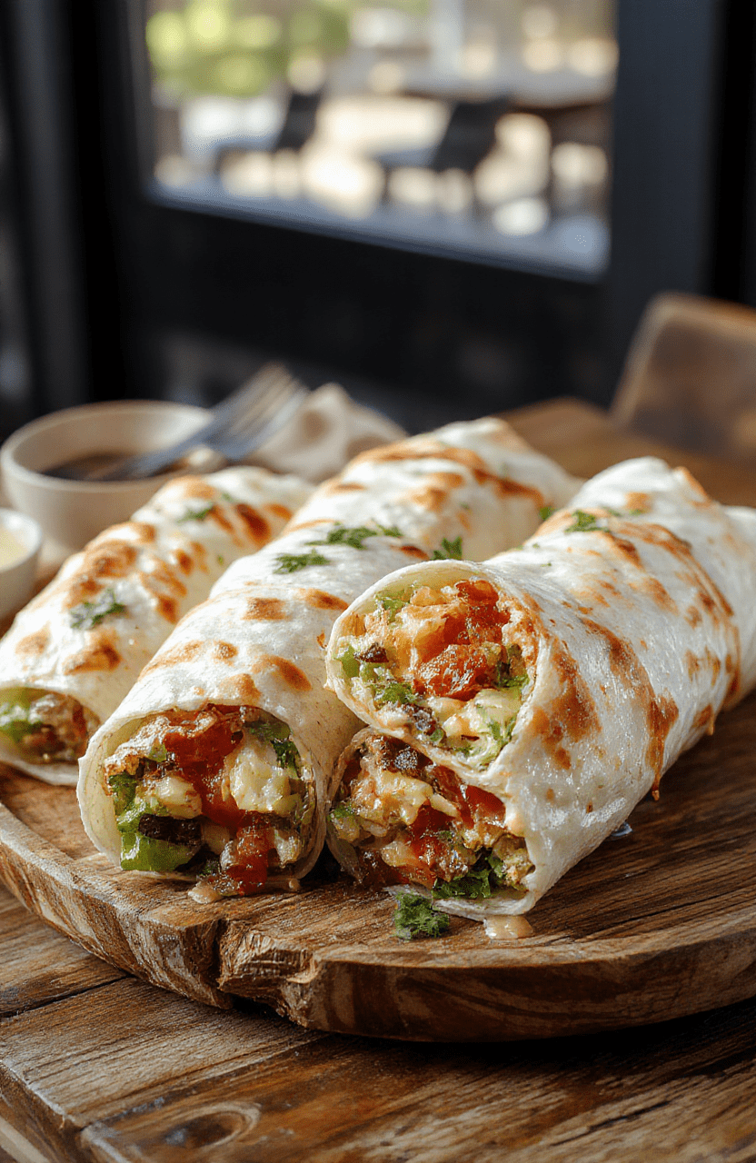 Colorful BLT wraps on a rustic wooden plate, showcase crispy bacon, fresh green lettuce, ripe red tomatoes, and soft tortillas, styled naturally with vibrant lighting and a textured background.