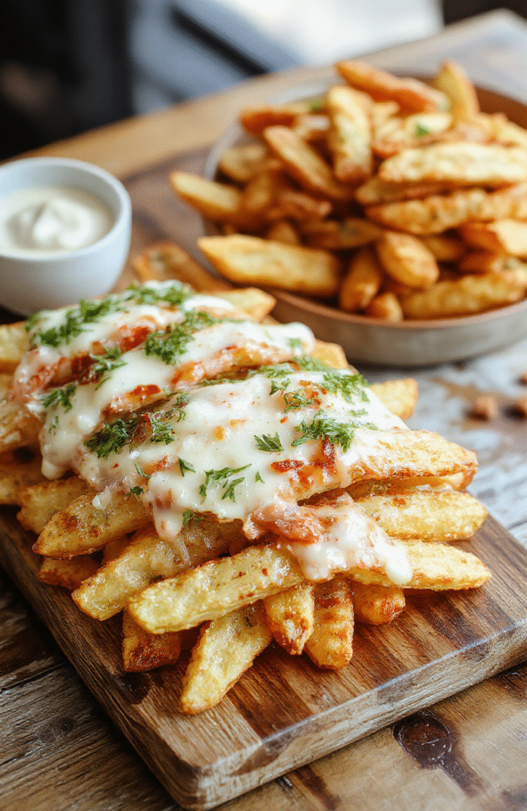 A vibrant, colorful French fry board featuring crispy golden fries arranged in a circular pattern with various dipping sauces, herbs, and toppings on a rustic wooden serving board, styled casually with a cozy background.