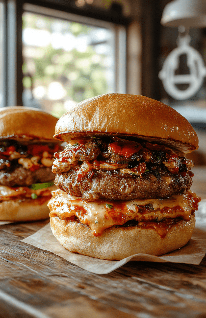 A vibrant plate featuring two cheesy pizza burgers with crispy edges, topped with melted cheese, pepperoni slices, fresh basil, and a side of crispy fries on a rustic wooden table. The presentation emphasizes gooey cheese, colorful toppings, and a casual yet appetizing style.