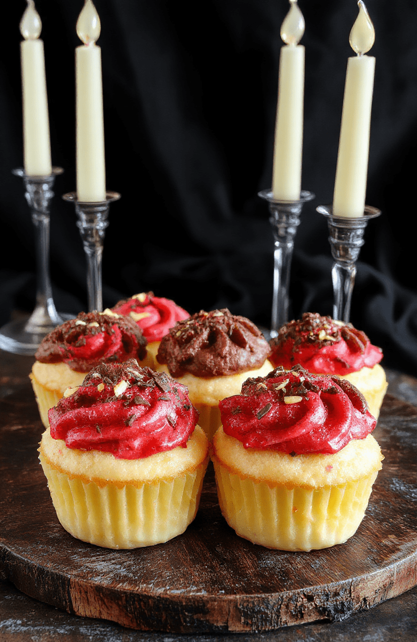 Brightly colored rainbow cupcakes with glossy frosting and sprinkles on a white plate, set against a whimsical gothic backdrop with dark velvet and candles, styled with a hint of spooky elegance