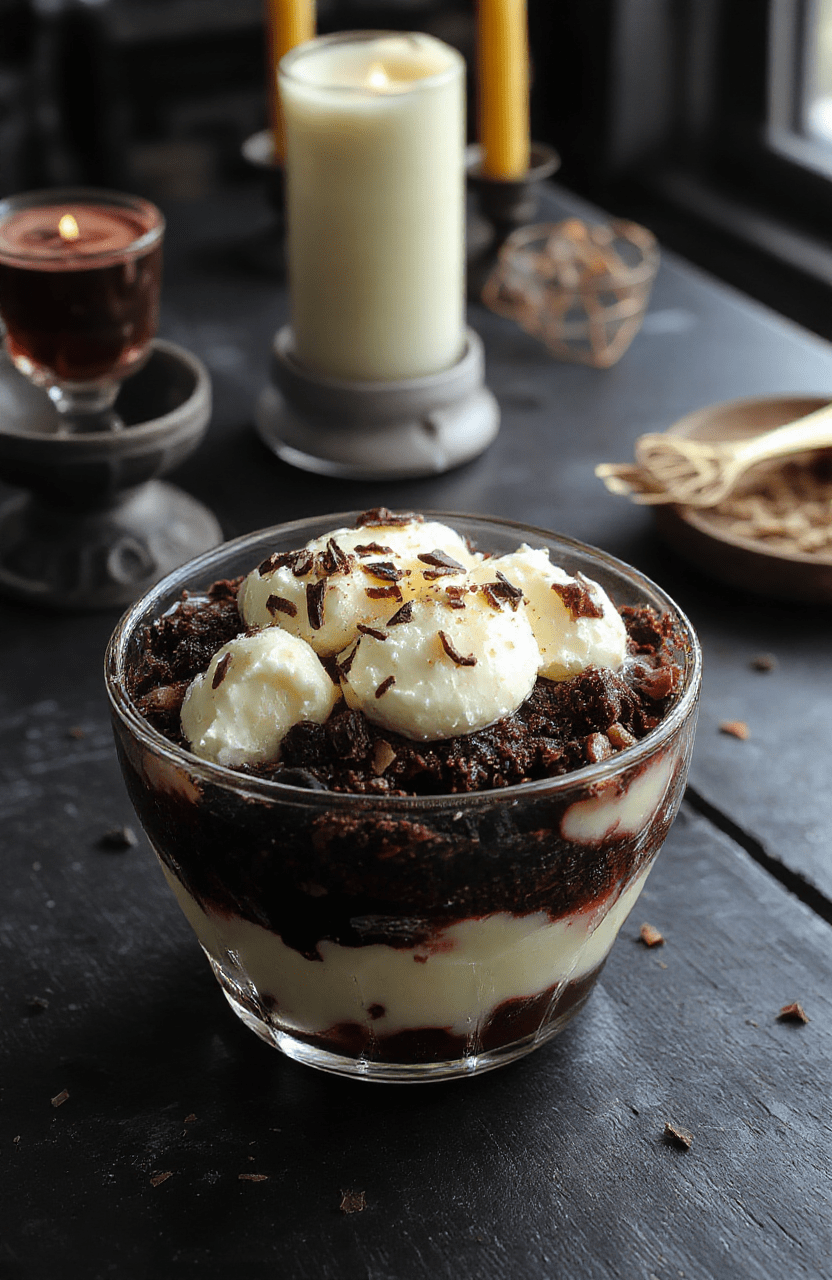 A layered Graveyard Dirt Parfait in a tall glass with dark chocolate crumbles, gummy worms, and a tombstone-shaped cookie on top. The dessert has a midnight black pudding base with layered brownie pieces and eerie green jelly. The background features a gothic-themed setting with dim lighting and spooky candles, styled with eerie Halloween accents.