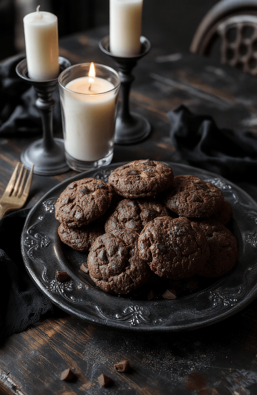 Dark chocolate-hued biscuits with a cracked surface, styled on a vintage black plate with silver accents, surrounded by moody candles and black lace napkin, creating a gothic and mysterious vibe.