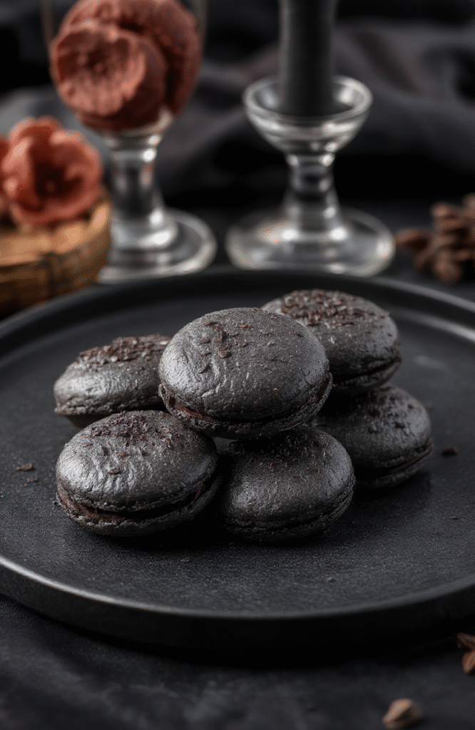 Dark black macarons arranged elegantly on a matte black plate, glistening with a shiny shell. The macarons are surrounded by gothic elements like ornate silver forks and dark velvet cloth. The background features a dimly lit, eerie atmosphere with shadows, evoking a spooky and mysterious vibe.