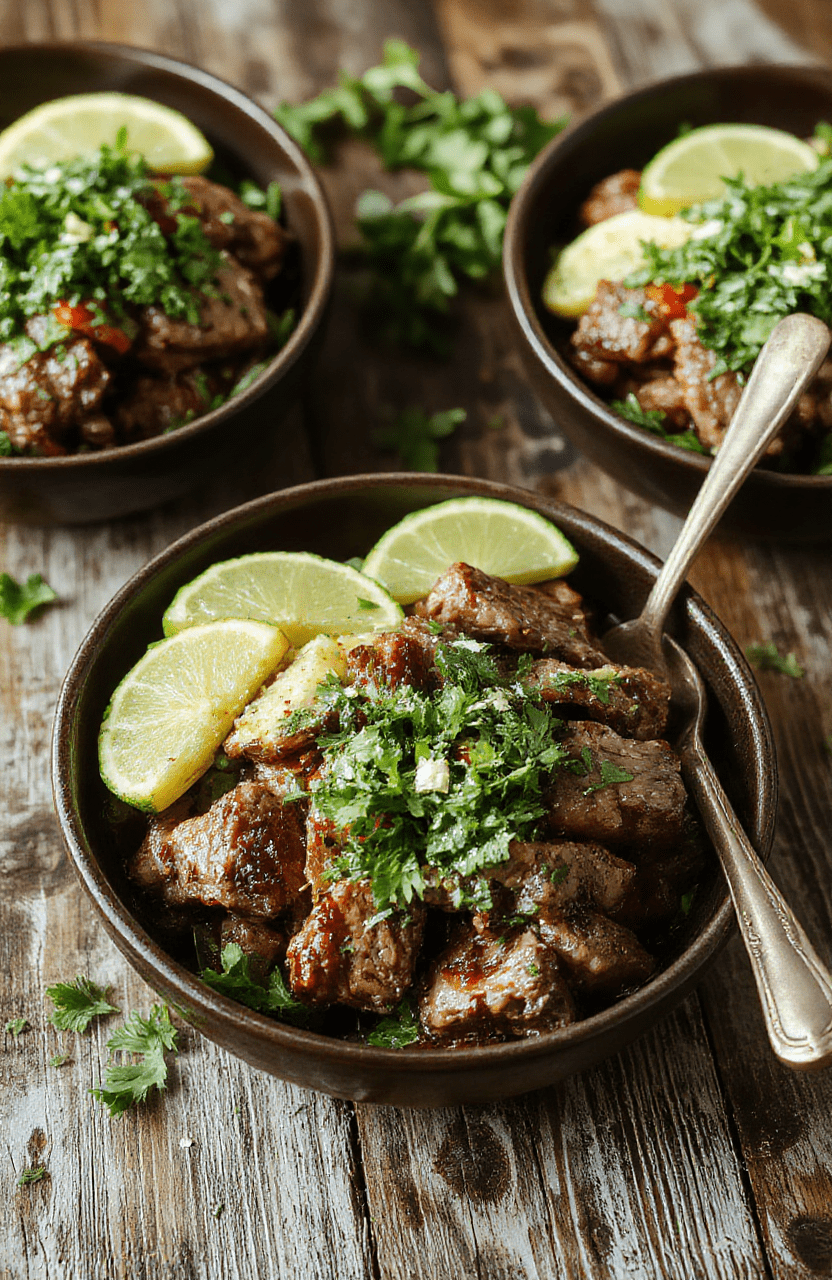 A vibrant plate featuring glazed steak slices atop cilantro and lime infused rice, garnished with fresh cilantro leaves and lime wedges, colorful vegetables around, styled simply with a rustic wooden background, textures of glossy steak, fresh herbs, and fluffy rice, bright and appetizing.