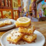 Colorful lemon bars with a glossy citrus glaze arranged on a rustic white plate, sprinkled with powdered sugar, showcased on a wooden table with a lemon wedge and fresh mint leaves, textured crust contrasting with vibrant yellow filling, styled with soft natural light for a fresh, inviting look.