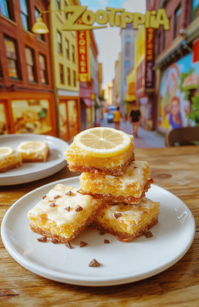 Colorful lemon bars with a glossy citrus glaze arranged on a rustic white plate, sprinkled with powdered sugar, showcased on a wooden table with a lemon wedge and fresh mint leaves, textured crust contrasting with vibrant yellow filling, styled with soft natural light for a fresh, inviting look.