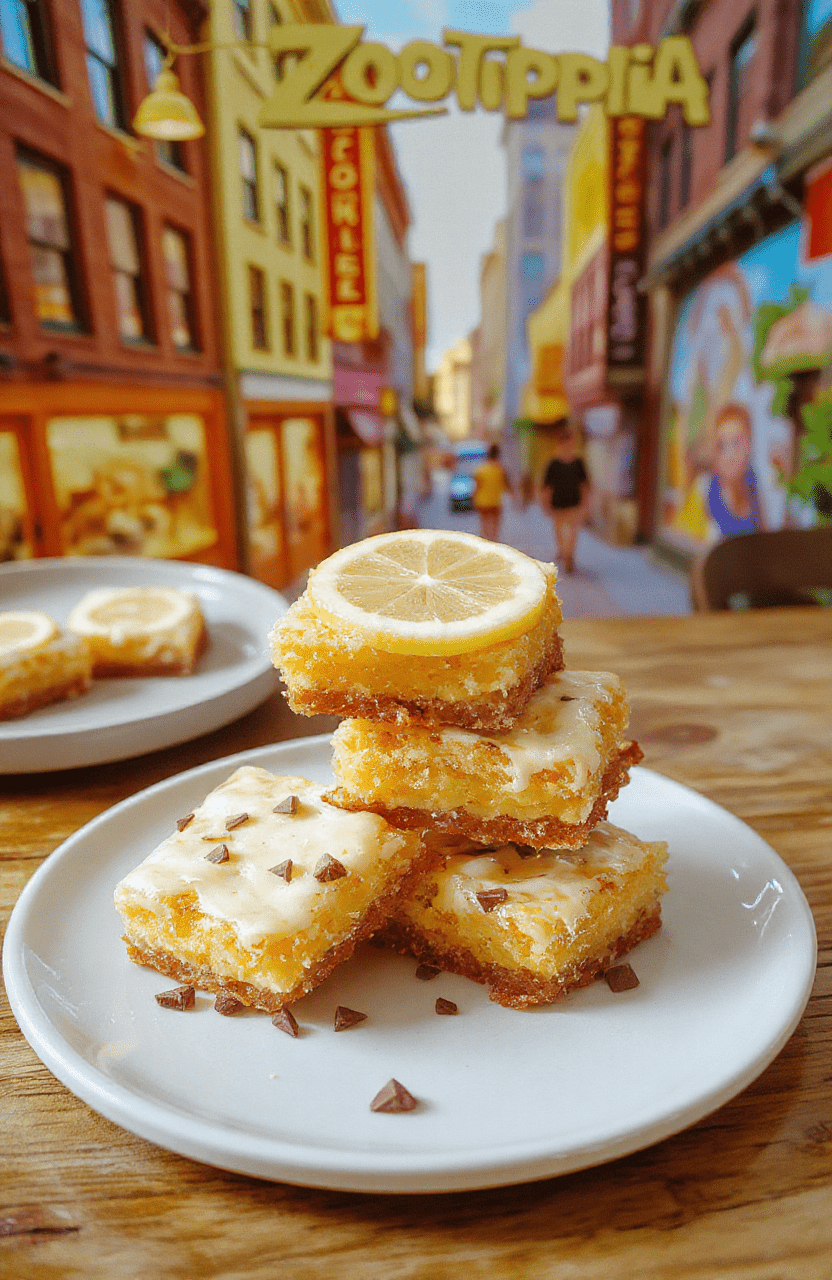 Colorful lemon bars with a glossy citrus glaze arranged on a rustic white plate, sprinkled with powdered sugar, showcased on a wooden table with a lemon wedge and fresh mint leaves, textured crust contrasting with vibrant yellow filling, styled with soft natural light for a fresh, inviting look.