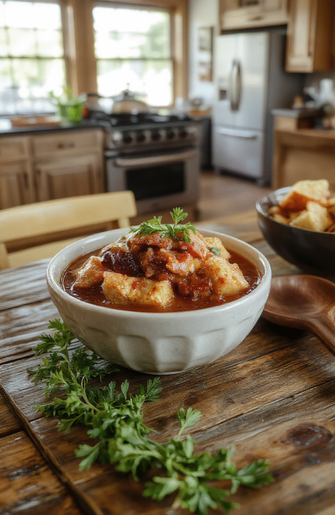 Colorful savory stew in a rustic bowl with tender chunks of meat, carrots, and potatoes, garnished with fresh herbs, on a wooden table with a cozy background.