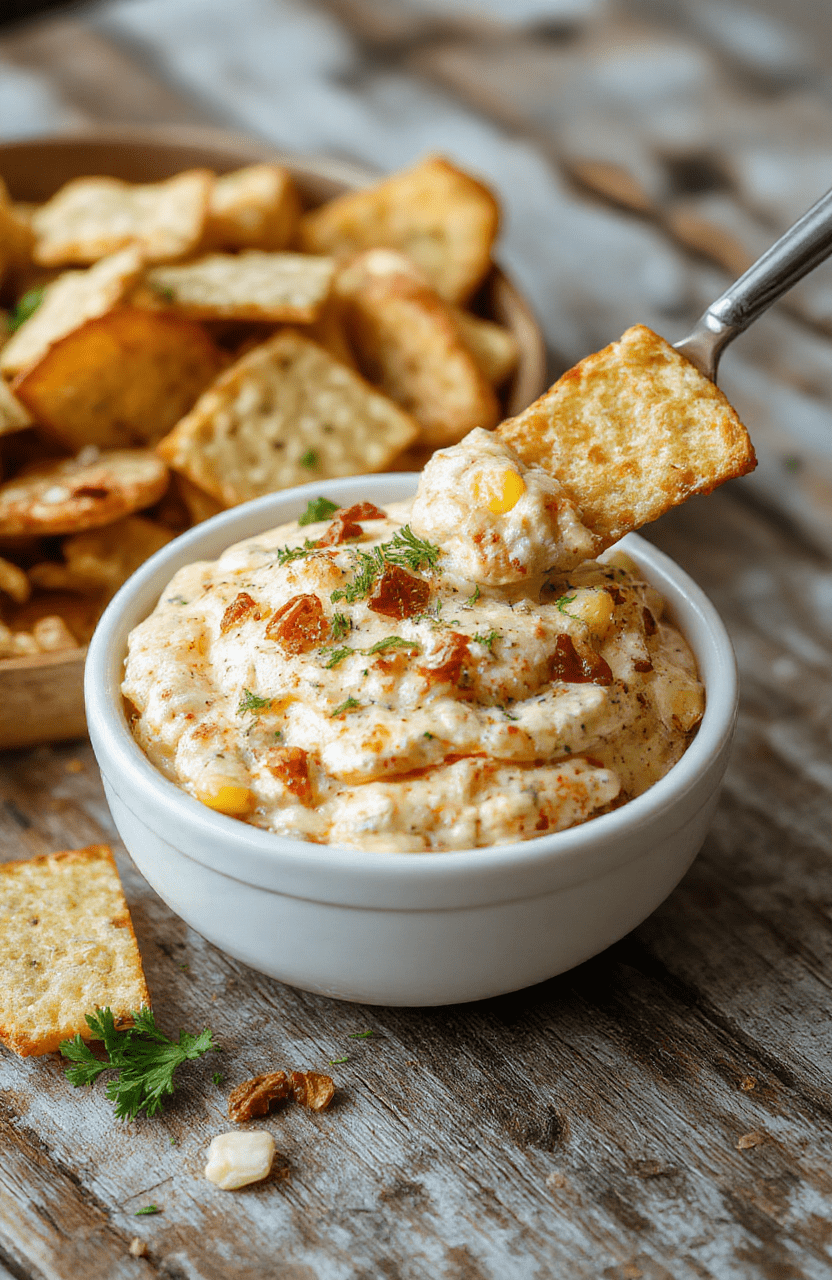 A vibrant bowl of hot crack corn dip topped with melted cheese and crispy bits, served alongside colorful vegetables on a rustic wooden table, inviting and cheesy textures, garnished with fresh herbs, with a warm ambiance and appealing presentation.