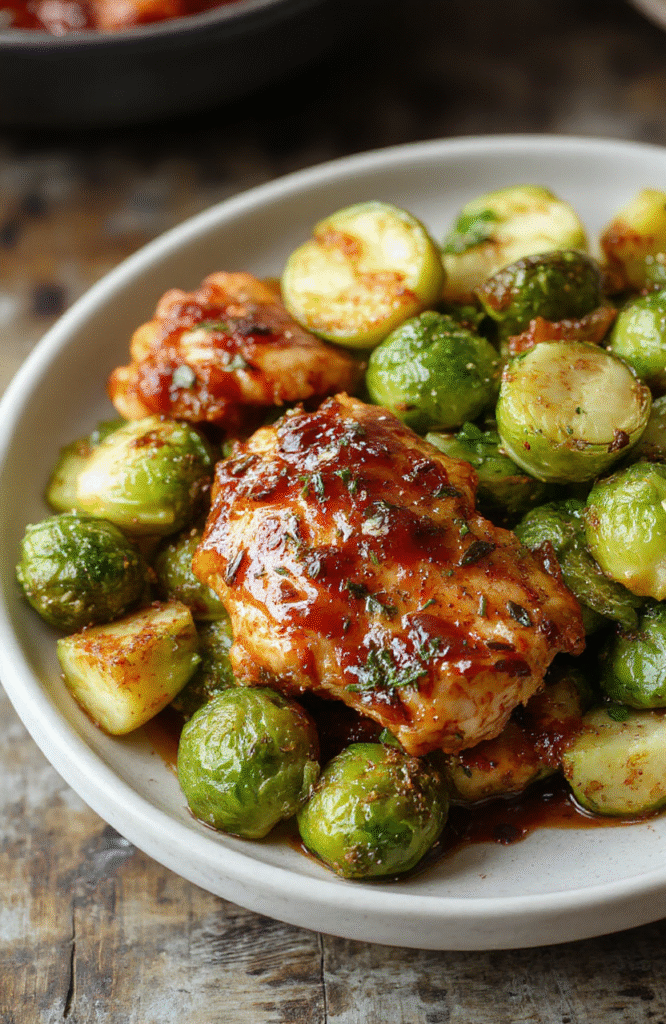 A vibrant plate featuring crispy honey glazed chicken pieces topped with sweet chili sauce, accompanied by roasted Brussels sprouts with caramelized edges, styled on a rustic wooden table with natural lighting, highlighting textures and colorful presentation.