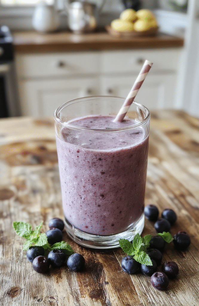 A vibrant blue blueberry smoothie in a clear glass topped with fresh blueberries and a sprig of mint. The smoothie has a thick, creamy texture with a smooth surface, served on a rustic wooden table with scattered blueberries and a colorful straw adding a playful touch. The background features soft natural light highlighting the vivid blue color and inviting freshness.