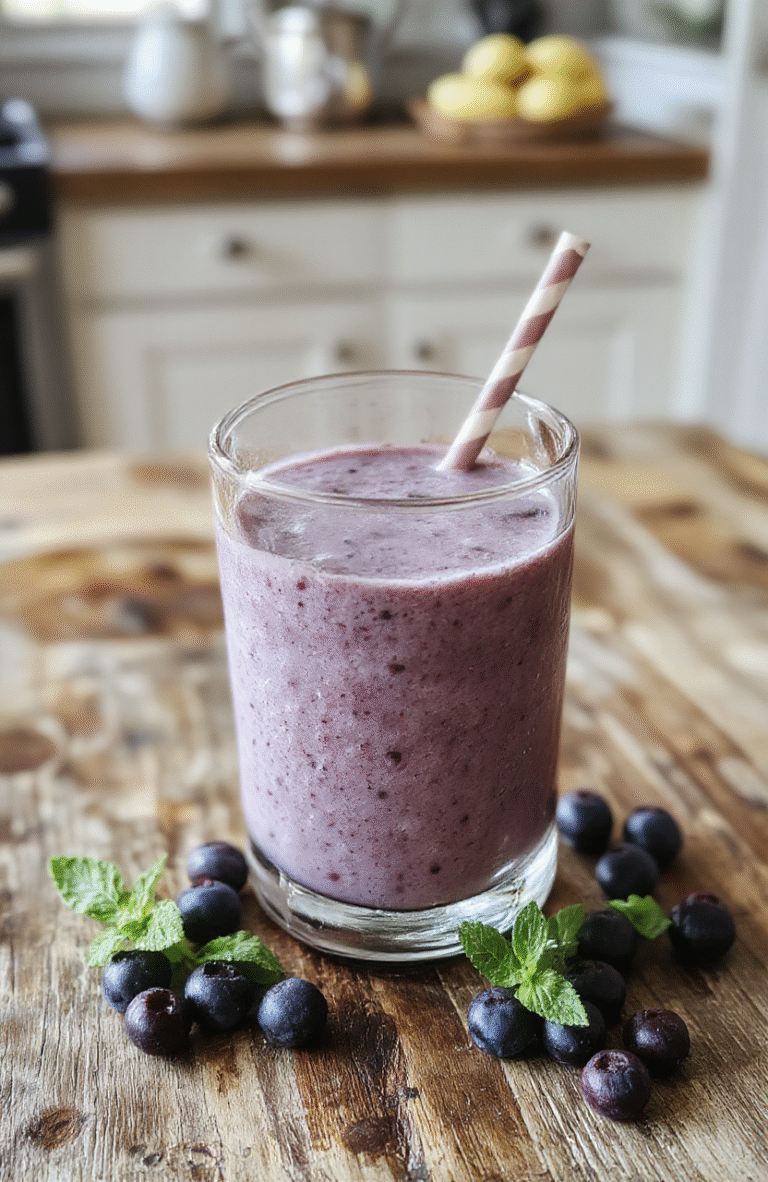 A vibrant blue blueberry smoothie in a clear glass topped with fresh blueberries and a sprig of mint. The smoothie has a thick, creamy texture with a smooth surface, served on a rustic wooden table with scattered blueberries and a colorful straw adding a playful touch. The background features soft natural light highlighting the vivid blue color and inviting freshness.