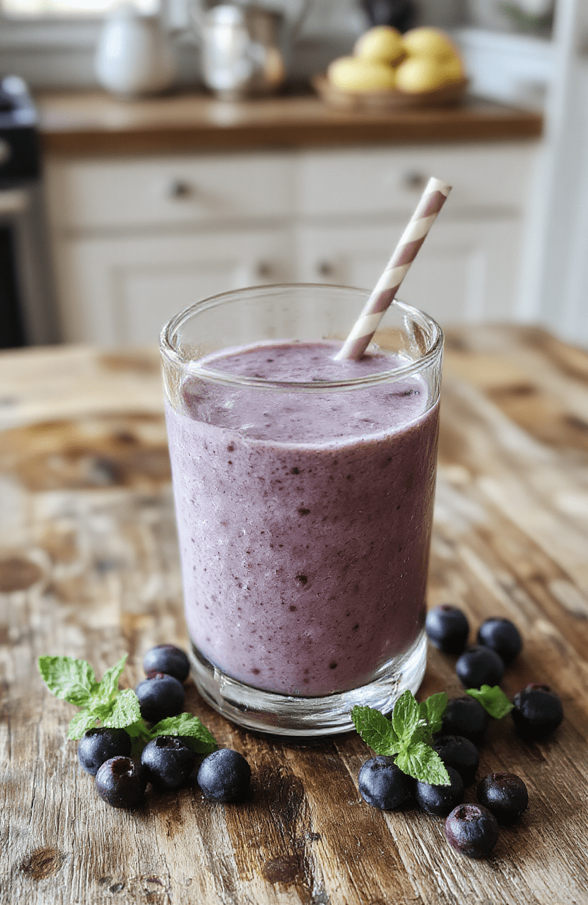 A vibrant blue blueberry smoothie in a clear glass topped with fresh blueberries and a sprig of mint. The smoothie has a thick, creamy texture with a smooth surface, served on a rustic wooden table with scattered blueberries and a colorful straw adding a playful touch. The background features soft natural light highlighting the vivid blue color and inviting freshness.