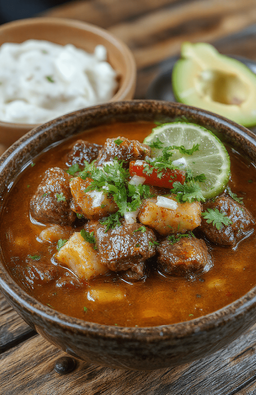 A vibrant bowl of rich birria beef stew garnished with fresh cilantro, thin onion slices, and lime wedges, served on a rustic wooden table with warm tones, showcasing tender meat, rich broth, and crispy tortillas on the side, styled in a cozy, inviting setting.
