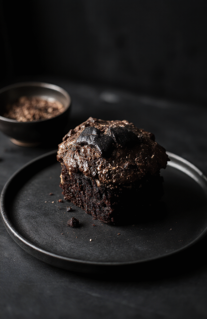 A rich black cocoa cake decorated with glossy black icing and subtle silver edible accents, placed on a matte black plate. The cake's surface is smooth with a slight shimmer, evoking a dark, mysterious atmosphere. The background features a dim, gothic-inspired setting with moody lighting, emphasizing the cake's dramatic presentation.