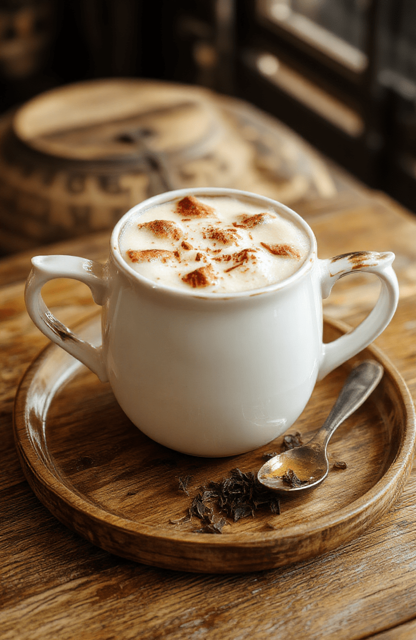 A charming teapot-shaped mug filled with a creamy, frothy tea latte, topped with a drizzle of honey and a sprinkle of cinnamon. The mug is styled to resemble Mrs Potts, with intricate detailing, sitting on a vintage wooden tray with loose tea leaves and a small spoon nearby. Soft, warm lighting accentuates the cozy, enchanted atmosphere, perfect for a fairy tale inspired setting.