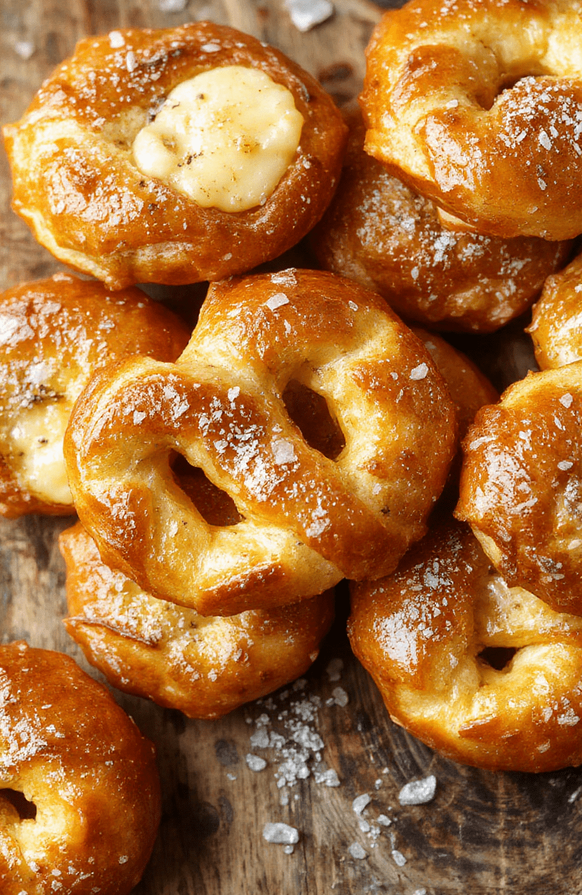 Golden-brown buttery soft pretzel bites arranged on a rustic wooden board, sprinkled with coarse sea salt, with a glossy sheen and flaky textures, styled simply with a spotlight on the treats