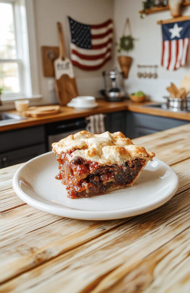 A vibrant patriot-themed pie featuring a golden crust filled with red, white, and blue layers, decorated with star-shaped toppings and a glossy finish, arranged on a rustic wooden platter with a backdrop of comic book pages.