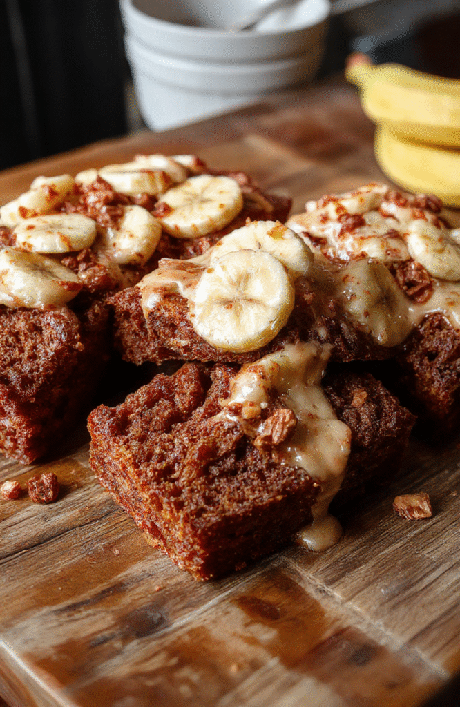 A slice of carrot cake banana bread with vibrant orange and brown hues, topped with a dollop of cream cheese frosting and shredded carrots, set on a rustic wooden plate, with a soft focus background highlighting the moist, dense texture and inviting appearance.