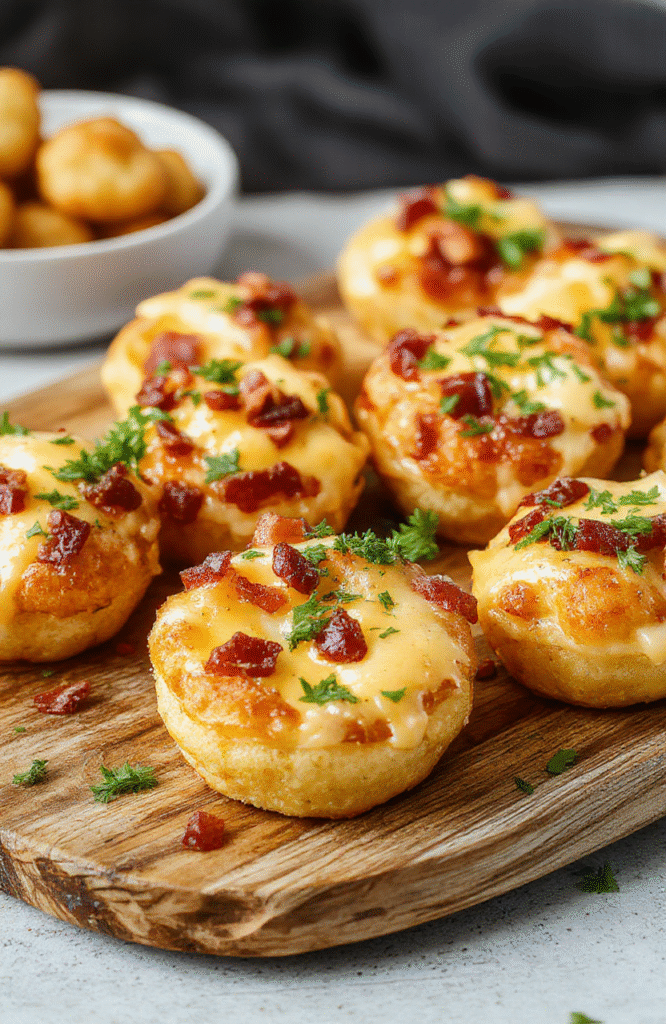 A close-up of golden, crispy tater tot cups filled with melted cheese and crispy bacon pieces, garnished with fresh herbs, arranged on a rustic wooden platter with a vibrant background, showcasing textures of cheese, bacon, and crispy tots.