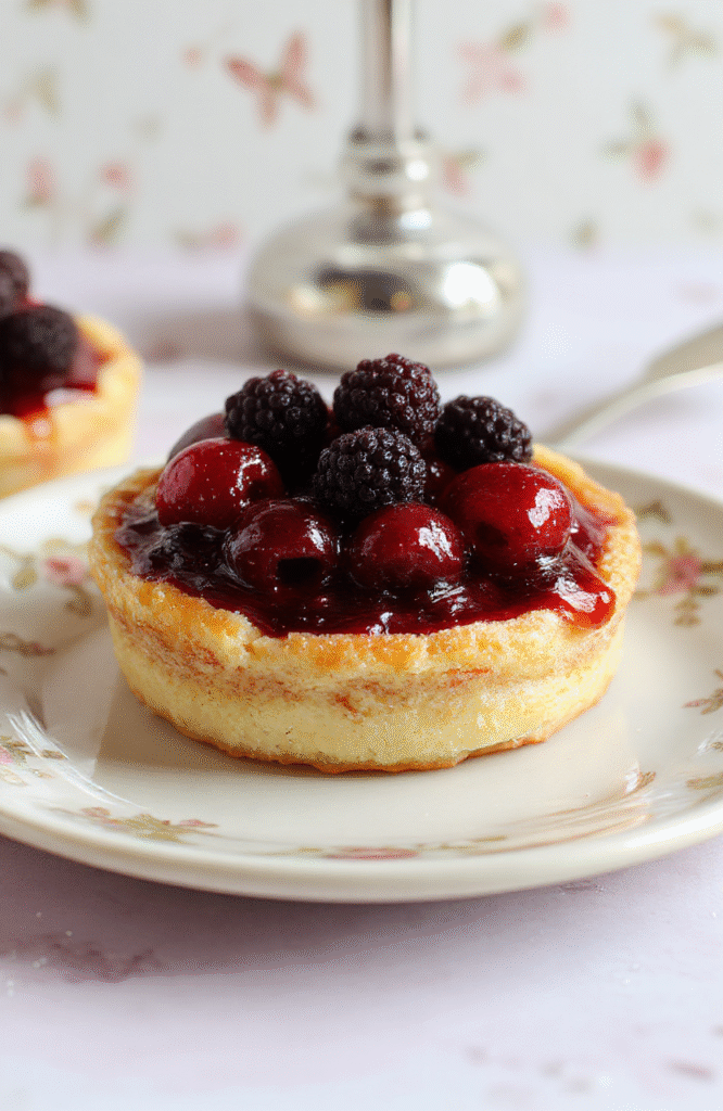 A vibrant Cinderella Royal Ball Berry Tart featuring a golden crust topped with colorful fresh berries and a glossy glaze, elegantly plated on a delicate porcelain plate with a soft pastel background, accented by fairy tale-inspired decorations.