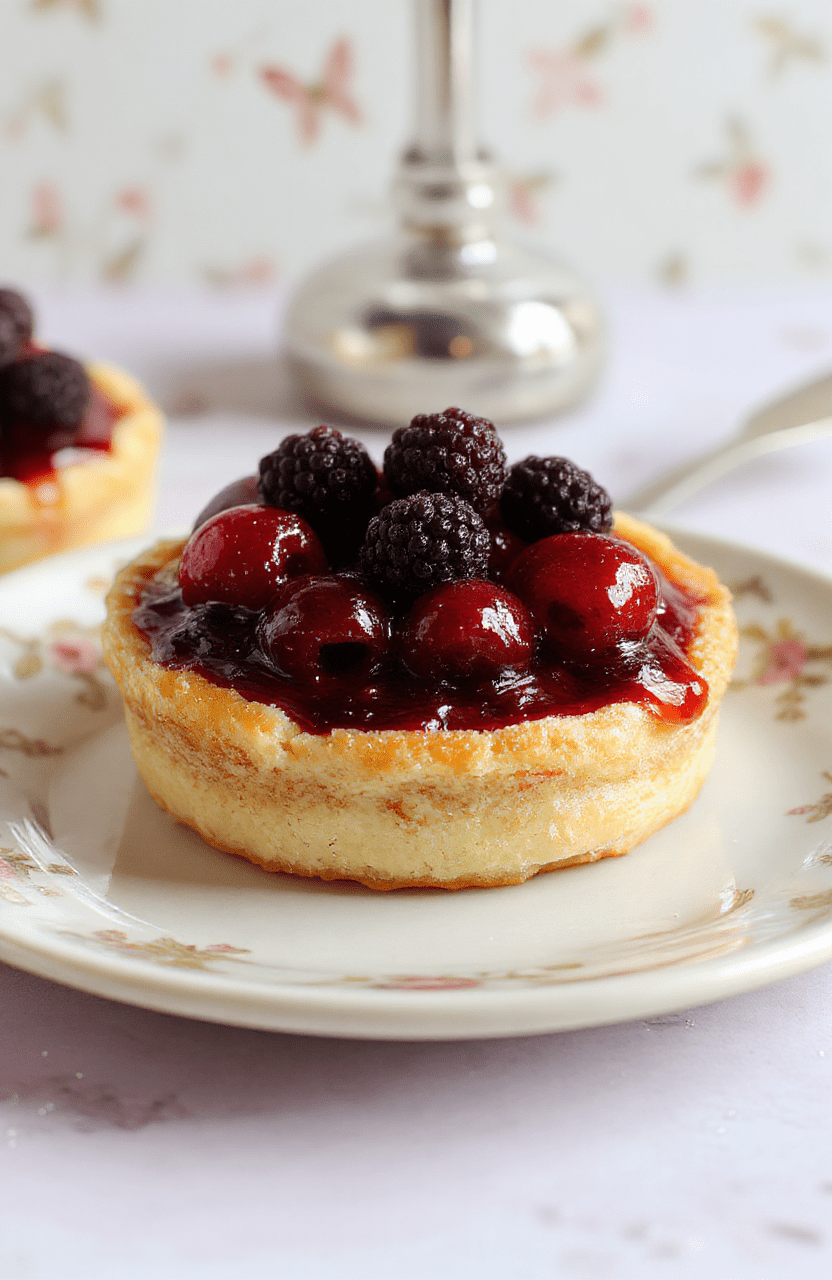 A vibrant Cinderella Royal Ball Berry Tart featuring a golden crust topped with colorful fresh berries and a glossy glaze, elegantly plated on a delicate porcelain plate with a soft pastel background, accented by fairy tale-inspired decorations.