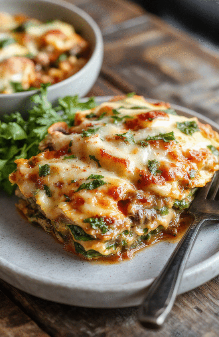 A vibrant, layered mushroom and spinach lasagna on a rustic wooden table, with golden baked cheese bubbling on top, fresh herbs sprinkled, and a side of crunchy garlic bread, styled for a warm, inviting meal.