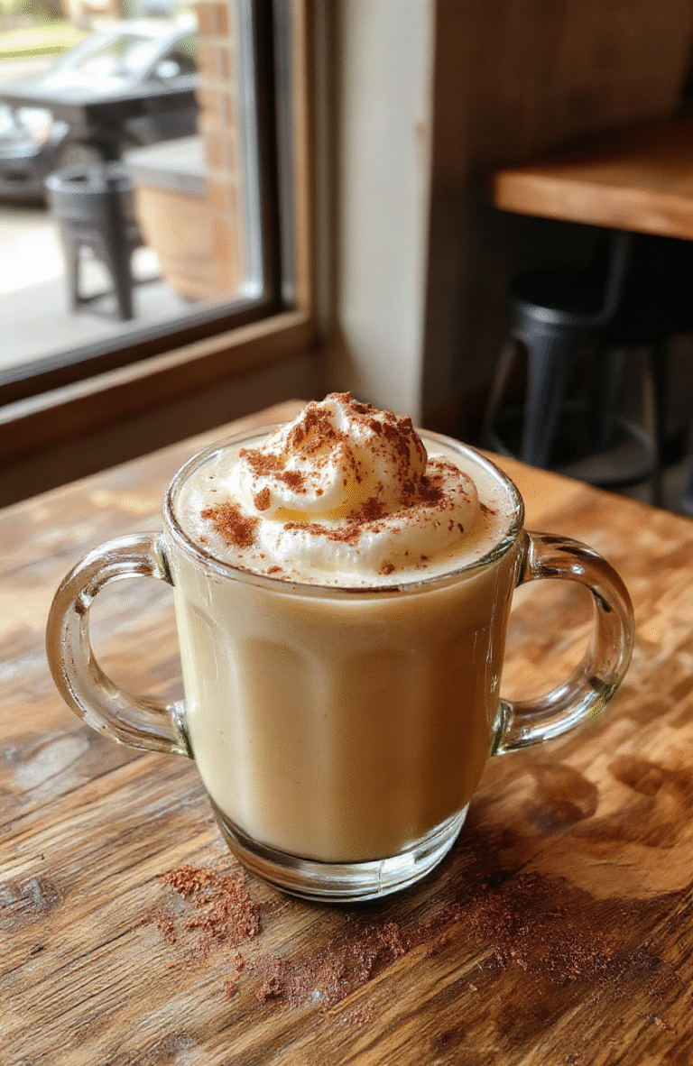 A steaming vanilla cinnamon latte in a clear glass mug with a swirl of whipped cream on top, dusted with cinnamon, set on a rustic wooden table with a cozy background featuring warm tones, natural light highlighting the creamy texture and cinnamon sprinkle.