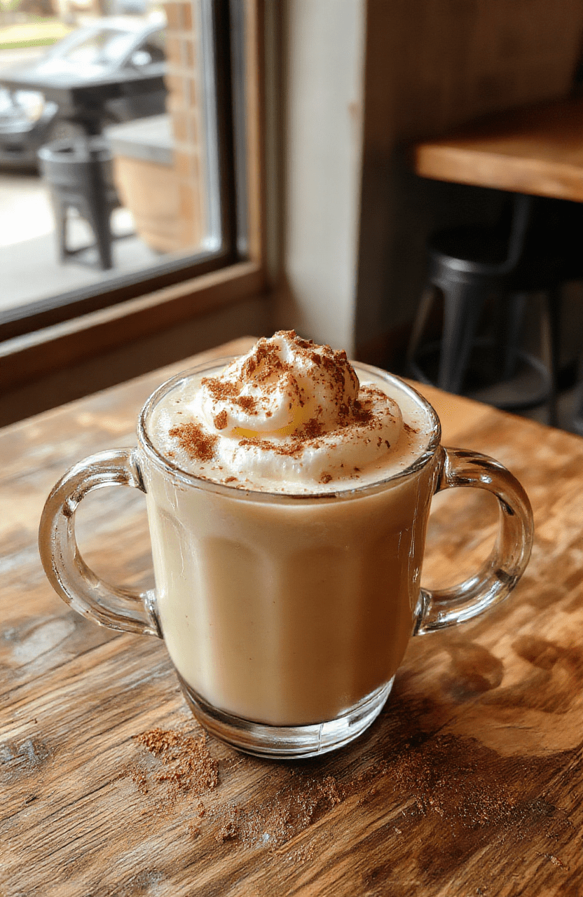 A steaming vanilla cinnamon latte in a clear glass mug with a swirl of whipped cream on top, dusted with cinnamon, set on a rustic wooden table with a cozy background featuring warm tones, natural light highlighting the creamy texture and cinnamon sprinkle.