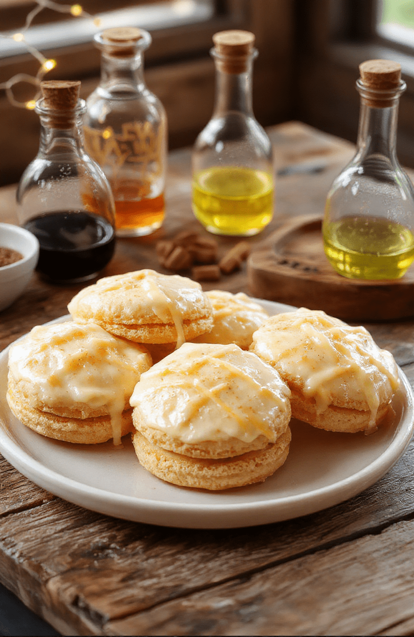 Close-up of golden-brown macarons filled with creamy butterbeer filling, arranged on a rustic tray. The macarons have a glossy shell with textured edges, set against a Hogwarts-inspired backdrop with magical elements like fairy lights and potion bottles, capturing a whimsical and enchanting vibe.